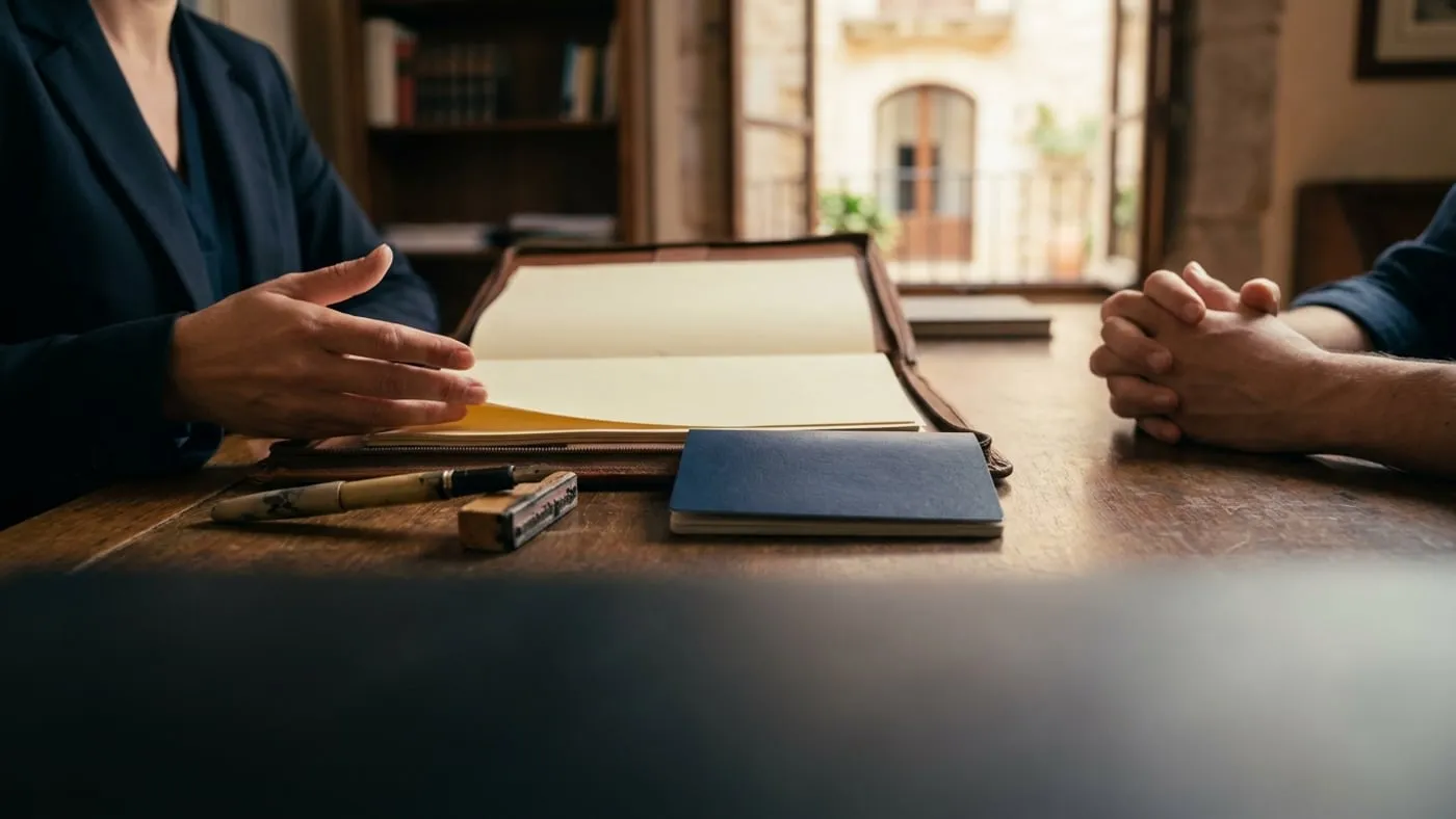 Manos sobre una mesa con un pasaporte y documentos